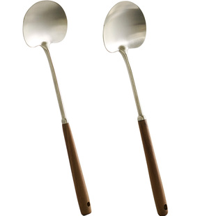 肆月家用304不锈钢锅铲木柄把耐高温加厚一铲两用的蘑菇炒菜铲子