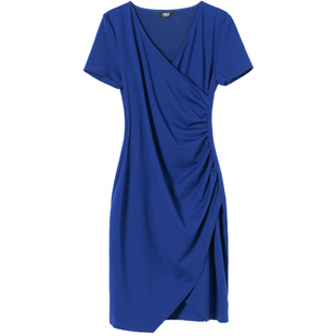 蓝色连衣裙夏天2025新款女装短袖V领收腰显瘦气质包臀中长款裙子