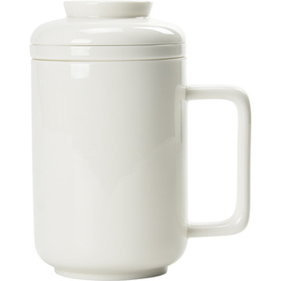 君器德化白瓷马克杯大容量纯白陶瓷办公室水杯带盖茶水分离喝茶杯