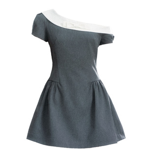 fragileheart易碎商店·韩系千金撞色斜肩连衣裙收腰甜美公主裙春