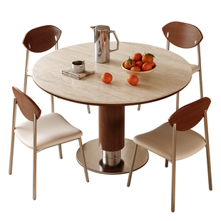 馨佰利洞石岩板餐桌2026新款家用客厅小户型圆形餐桌中古风吃饭桌