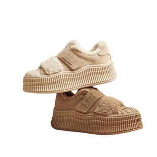 百丽贝壳头毛毛加绒厚底板鞋女春季新款休闲雪地靴棉鞋子D3L1DAM5