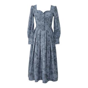 枕梦村庄 半岛情书 法式宫廷复古印花灯芯绒修身中长款连衣裙新