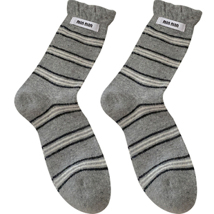 【起步韩袜】羊毛袜子女加厚保暖2025冬季新款条纹韩版布标中筒袜