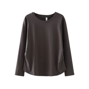 胖妹妹女装2025秋装弧形下摆纯色长袖上衣收腰中年大码圆领T恤女