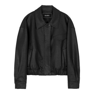 [明星同款]RAIVE2025秋季复古宽松黑色夹克翻领外套莫妮卡素皮衣