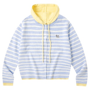 PSO Brand女装羊毛假两件条纹连帽针织毛衣开衫外套休闲毛线衣