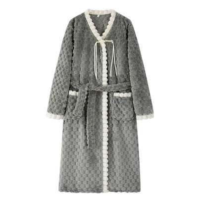 法兰绒睡袍女秋冬款国风中长款浴袍睡衣可外穿加厚加长珊瑚绒长袍