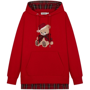 TEENIEWEENIE bearnova小熊女装学院风圣诞红色连帽套头加绒卫衣