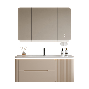 轻奢奶油风实木浴室柜组合陶瓷一体盆侧柜洗脸盆镜柜卫生间洗漱台