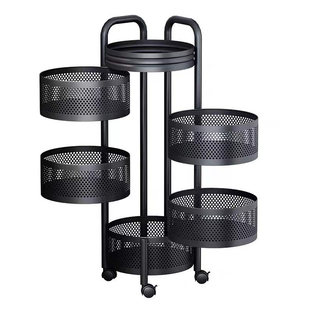 厨房圆形旋转置物架落地多层蔬菜架带轮可移动水果零食收纳架加厚