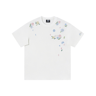 FORNINES重磅纯棉oversize短袖T恤男女夏季花卉刺绣宽松半袖上衣