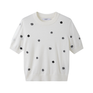LILY秋新款女装含羊毛重工四叶草绣花气质通勤圆领短袖针织衫