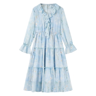 秋水伊人清新简约碎花长裙2026年春季新款女浪漫百搭荷叶边连衣裙