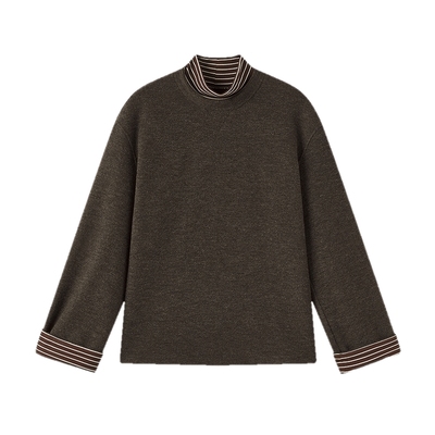 飞鸟和新酒咖色拼接条纹套头高领卫衣女2025冬季新款加绒短上衣