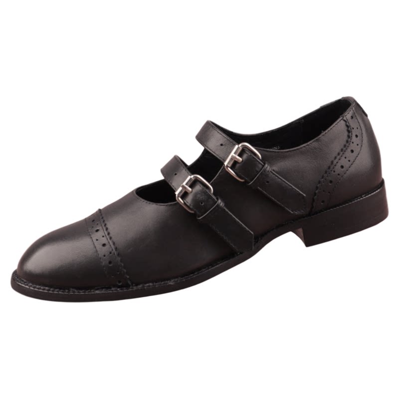 低跟牛皮面羊皮垫皮带扣玛丽珍鞋