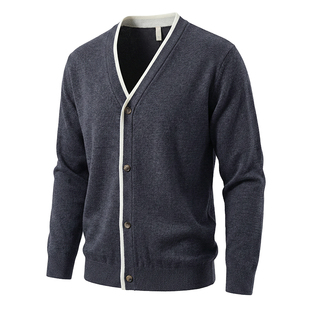 LUUD 都市通勤风假两件撞色V领针织开衫男美利奴羊毛混纺毛衣外套