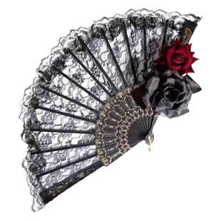 折扇lolita中式漫展蕾丝扇子茶会新玫瑰华丽cos复古暗黑拍照道具