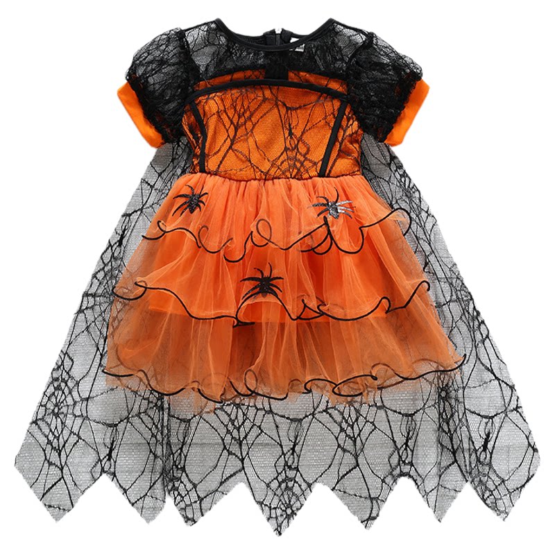 跨境外贸女童万圣节派对礼服网纱短袖披肩蜘蛛连衣裙紫HALLOWEEN