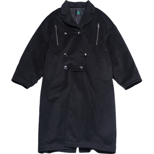 返场STILLYOU气质廓形双排扣夹棉中长毛呢外套女黑色质感呢大衣韩