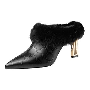 女士拖鞋秋冬新款时尚高端真皮貂毛高跟鞋粗跟毛毛半拖鞋外穿包头