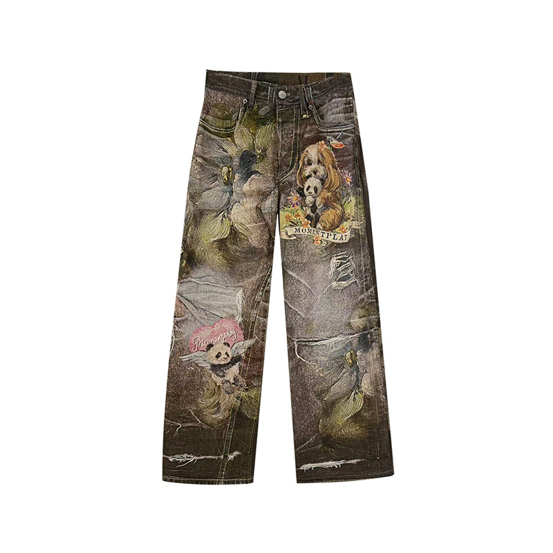 【新品现货】MOMENTPLAY休闲宽松花卉动物牛仔印花长裤26早秋新款