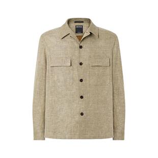 ZEGNA杰尼亚男装春季新品橄榄绿亚麻、羊毛及桑蚕丝混纺衬衫外套