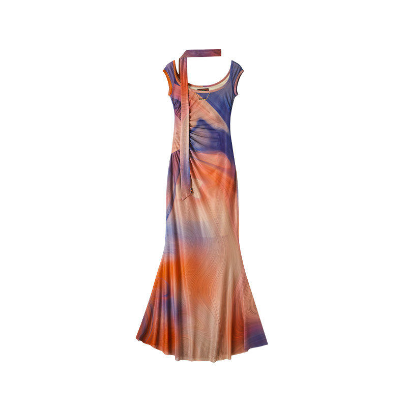 【现货】OfAkiva “巨星出逃”落日油画印花连衣裙女夏碎花裙