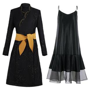 【明星同款】花木深交领中式风衣女中长款黑色刺绣腰带款西装外套