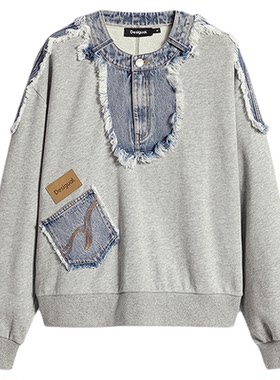 Desigual26秋冬新品宽松毛边牛仔解构拼接圆领长袖女式卫衣