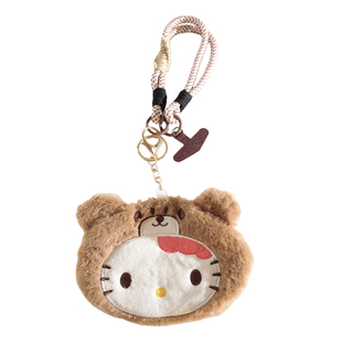 卡通毛绒棕色熊头KT猫零钱包挂件短款手绳适用手机壳百搭多功能学生收纳苹果蓝牙耳机套钥匙ccd便携挂绳手腕