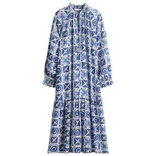 HM女装连衣裙春季法式v领宽松度假风海洋印花长裙1265610