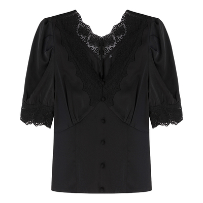 黑色雪纺衫女泡泡袖短款上衣
