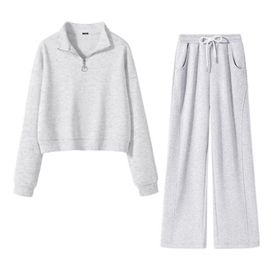 名创优品灰色运动套装女2026新款早春女装高中生卫衣裤子两件套D