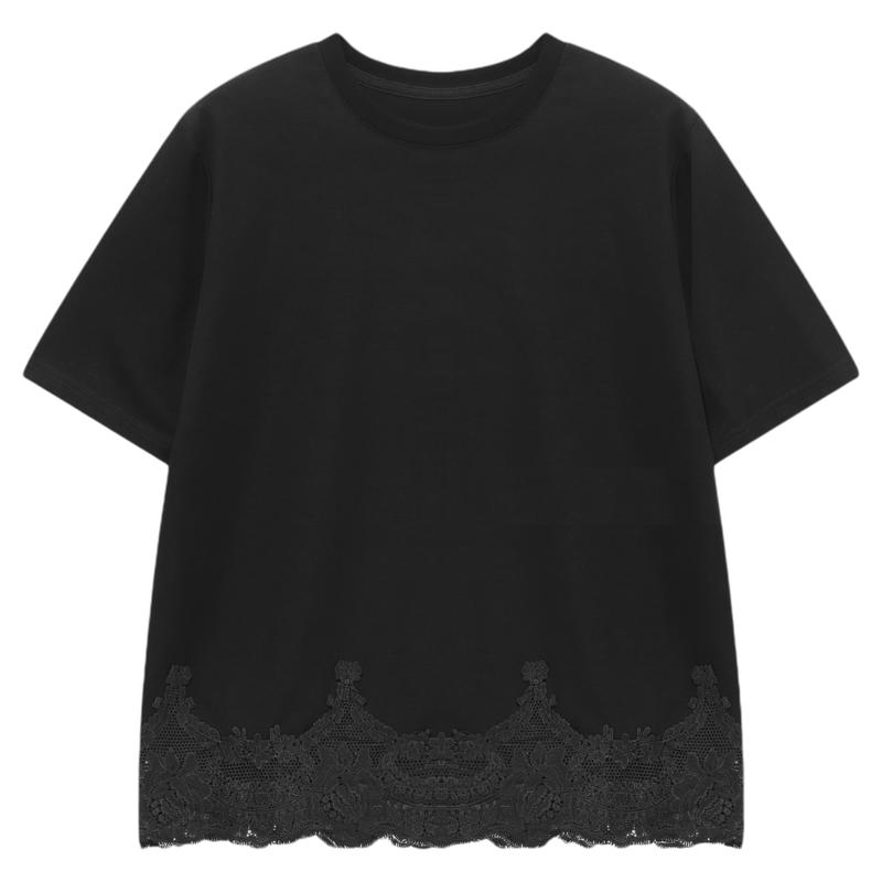 Basic House/百家好白色圆领短袖T恤女夏白色蕾丝拼接基础款上衣
