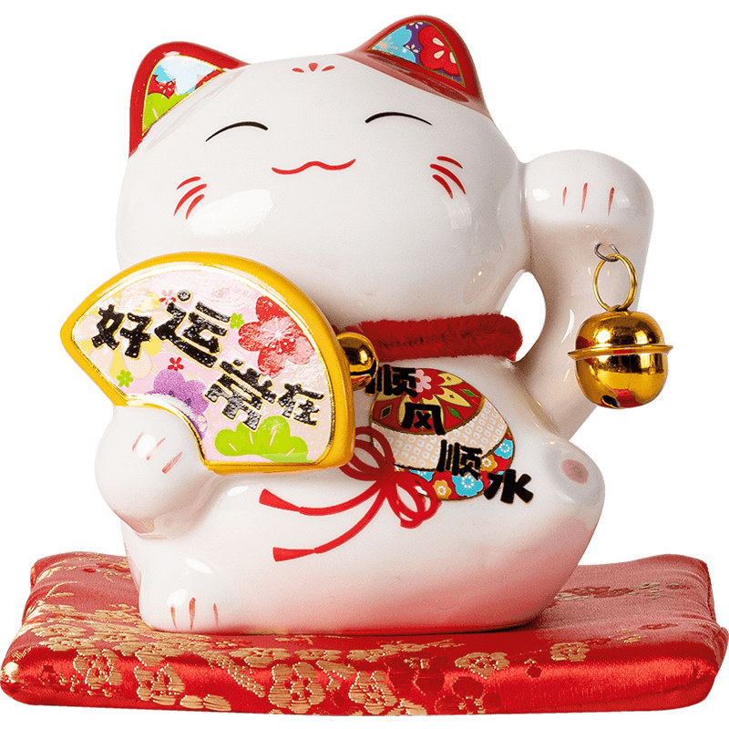 新款小号招财猫摆件一套可爱六小福陶瓷存钱罐精美礼盒客厅办公桌