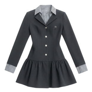 fragileheart易碎商店·黑巧情书智性千金感灰色西装裙长袖连衣裙