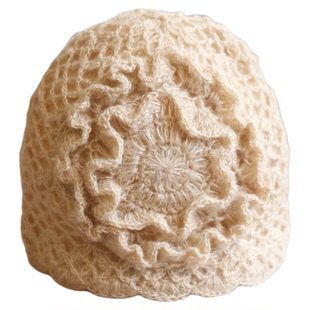 重工手钩立体大花针织帽子女秋冬保暖双层毛线帽透空纹包头帽冷帽