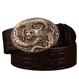 龙戏珠铜头皮带男士真皮头层牛皮鳄鱼纹复古手工裤腰带板扣牛仔