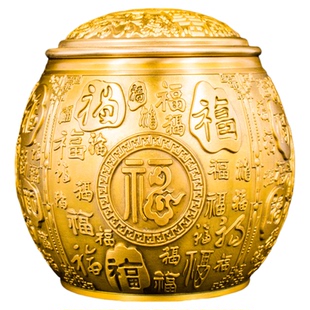 纯铜百福米缸带盖聚宝缸黄铜茶叶罐存钱罐仿古中式金色聚宝盆摆件
