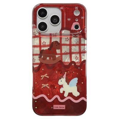 jze 新年可爱卡通小马红格纹拼接适用苹果17ProMax手机壳iphone15新款16pro女13双层15pro手拎绳14防摔保护套