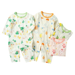 婧麒新生婴儿衣服夏季纯棉连体衣薄款夏天宝宝空调服长袖夏装睡衣