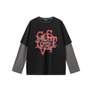 GOST叠印字母复古撞色条纹拼接假两件长袖T恤潮牌朋克男女上衣