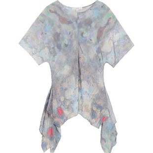 素然WHM夏季女士时尚复古个性图案亮光纹理系带修身荷叶边短袖