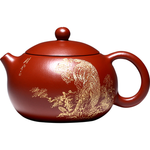 和泥有缘 宜兴紫砂壶原矿大红袍刻绘老虎全手工泡茶壶 西施壶