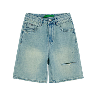 【现货】西草儿6019薄款牛仔中裤夏季浅色破洞A字显瘦直筒五分裤