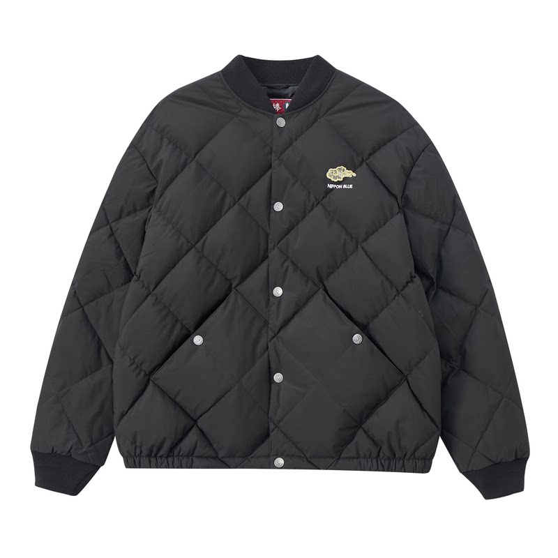 ONIARAI/鬼洗25秋冬新泥棒蓝织锦云纹菱形棒球领羽绒服男 N340244
