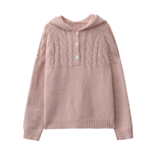 JIUJIU北欧风复古连帽麻花毛衣女外套春季新款设计感休闲针织衫