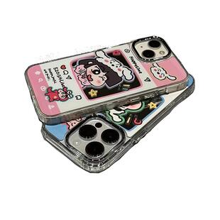 ins风镜面卡通拍照相框适用于苹果15promax小众苹果14少女心13情侣硅胶软壳11/12直角边蜡笔小新小米14保护套