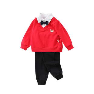 男童纯棉套装儿童新年拜年服小童宝宝洋气两件套男孩春装礼服童装
